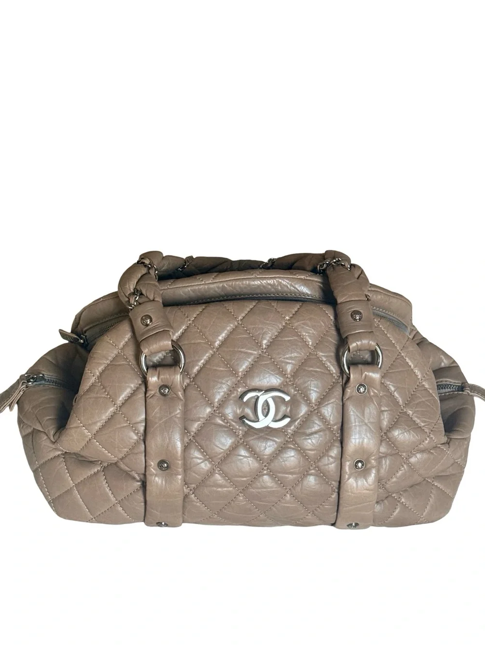 Chanel Lady Braid Bowler Bag in taupe distressed lambskin